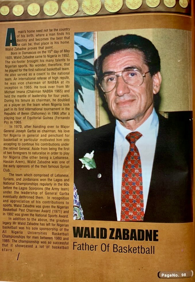 Magazine page headed Walid Zabadne, Father Of Basketball, with a portrait photograph